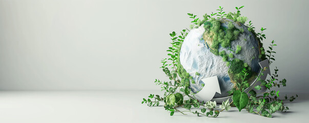 Globe with Green Leaves and Recycle Symbol, Sustainability and Recycling Concept
