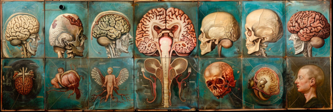 illustration of a skull with exposed brain on a medical background, depicting anatomical structures and medical equipment, suitable for illustrating neurological concepts or medical presentations
