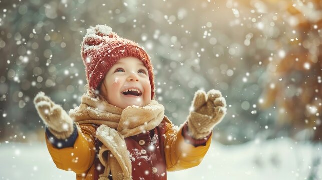 The image shows a happy child or girl wearing winter clothes playing in the snow, representing