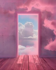 Fictional dreamy interior, open door, view of cloudy sky, fluffy, light structures.