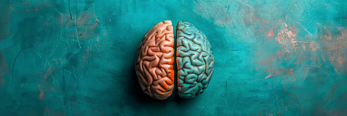 brains left and right hemisphere blue and red color, for banner, background with texture - obrazy, fototapety, plakaty