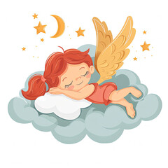 Obraz premium Heavenly Slumber - Cute Angel Sleeping on a Cloud Vector Illustration