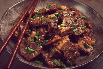 bulgogi, with mushrooms, with sesame seeds and green onions, Korean cuisine, homemade, no people,