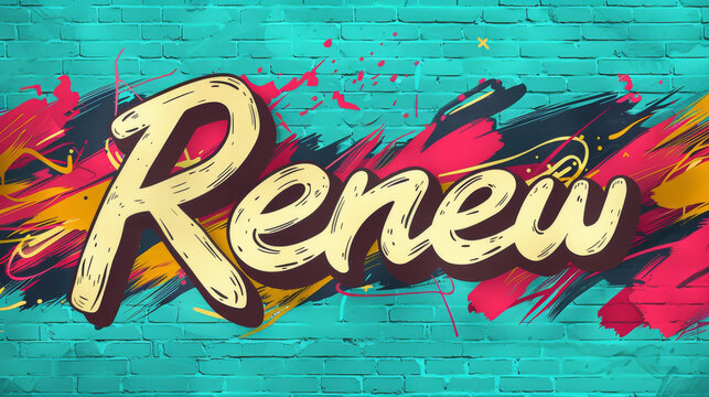 The image shows the word "Renew" on a single colored background, with a person's hand holding a pencil writing it down.