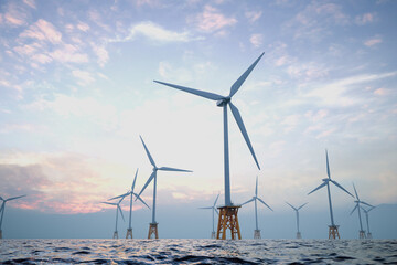 Majestic Offshore Wind Turbines Captured at Dusk, Symbolizing Renewable Energy - 767184109