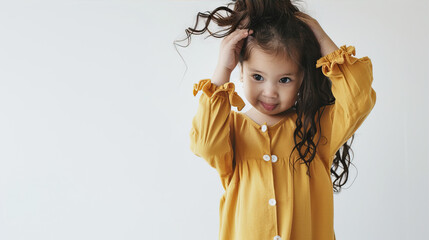 Fashion photography, little girl holding up her hair wearing a mustard yellow long sleeve nightgown with ruffles and buttons on the chest, against a white background, - obrazy, fototapety, plakaty