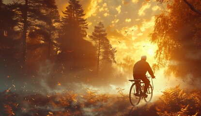 Man riding a mountain bike in a forest at sunrise or sunset - back light