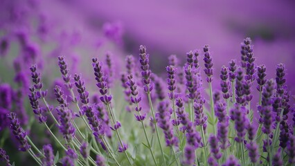 Lavender blooming fragrant flowers field, closeup violet background, swaying