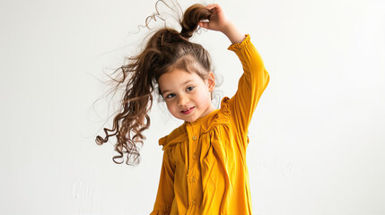 Fashion photography, little girl holding up her hair wearing a mustard yellow long sleeve nightgown with ruffles and buttons on the chest, against a white background, - obrazy, fototapety, plakaty