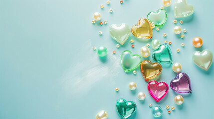 colorful shiny glass hearts and pearls on light blue background, mobile wallpaper, cute style, simple, 