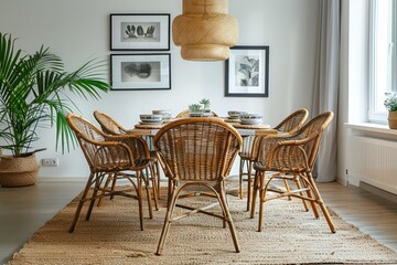 Stylish Dining Room: Rattan Chairs and Elegant Accents