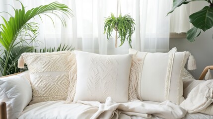 White blank pillow mockup in cozy boho room decor.