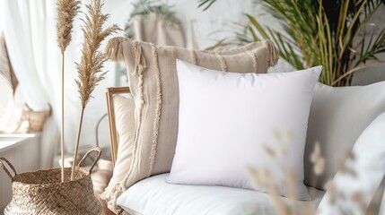 White blank pillow mockup in cozy boho room decor.
