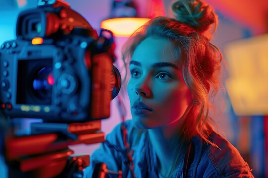 Display of camera recording video blog for blonde beauty blogger woman with make-up at home studio. Influencer vlogger girl live streaming cosmetics masterclass. Online learning and marketing concept.