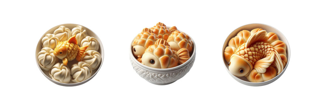 Set Of Bowl Of Goldfish-shaped Stuffed Pastry Illustration, Isolated Over On Transparent White Background