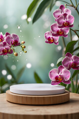 white Platform and podium background on nature and orchid  for product stand display advertising cosmetic beauty products or skincare with empty round stage