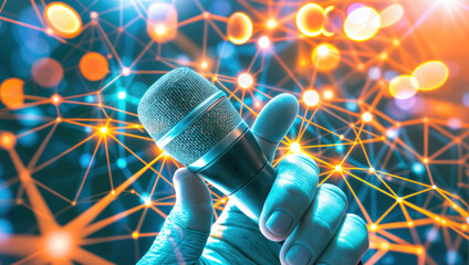 Speaker hand holding microphone on network background. Amplifying the fusion of technology and entertainment for an engaging audience experience - obrazy, fototapety, plakaty