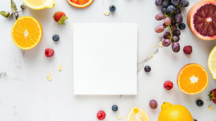 A square white card surrounded by fruits on the sides, shown from above, on a light background,