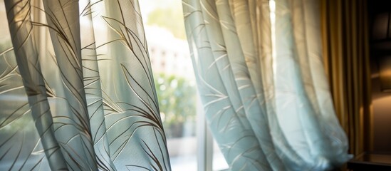 Closeup of curtains made of transparent material hanging beside a window with a view of trees outside. The wooden frame and glass reflect the natural light onto the grassy flooring - obrazy, fototapety, plakaty