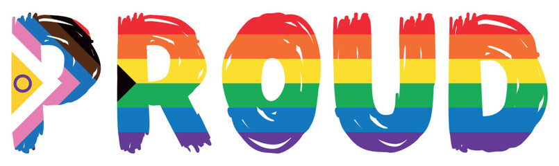 Text Proud isolated. Typography with LGBT Intersex Progress Pride flag colors. New LGBTQ Pride Flag. New Updated Intersex Inclusive Progress Flag LGBT, LGBTQ or LGBTQIA plus Pride. Vector illustration