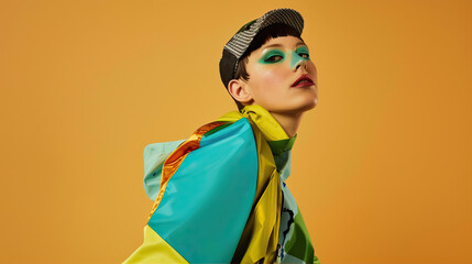 A photo of a European female model with short hair and colorful makeup wearing a minimalistic jacket 