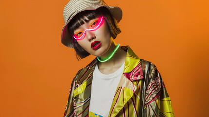 A model in an oversized jacket and bucket hat, posing against an orange backdrop with neon accents. The outfit combines bold colors like teal, green, yellow, red and pink