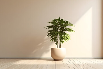 Fototapeta na wymiar A blank beige brown wall with a green tropical tree inside a vase