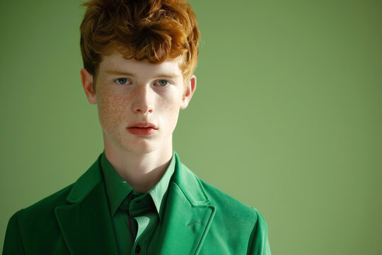 Young boy with red hair and freckles on his face wearing a green suit facing the camera isolated on light green background with space for text or inscriptions
