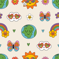 seamless pattern with cute Earth, Sun, cloud, flowers