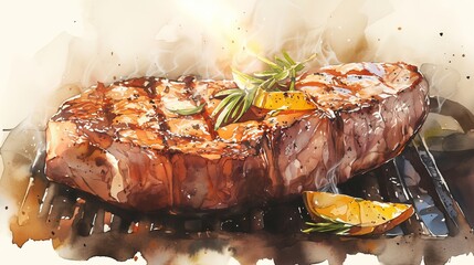 Juicy beef steak sizzling on an iron grill, watercolor smoke rising, blending the rustic with the gourmet. - obrazy, fototapety, plakaty