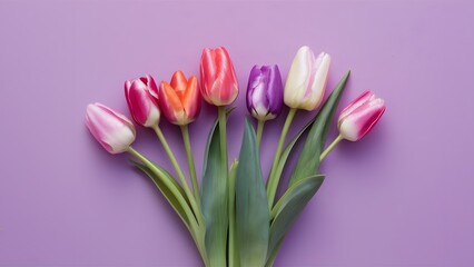 Fototapeta premium Light purple background with bouquet of colorful tulips