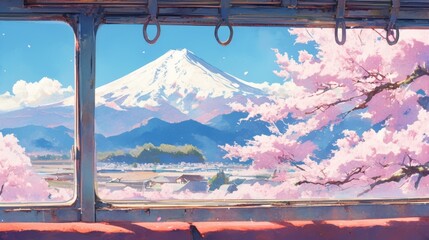 Tranquil watercolor scene of Fuji snow capped peak, framed by a train window with passing cherry blossoms. - obrazy, fototapety, plakaty