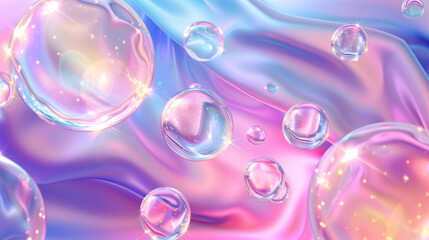 Pastel Gradient Holographic Neon Background. Abstract Hologram Dots, Balls, Spheres, Waves in Liquid Motion Wallpaper.