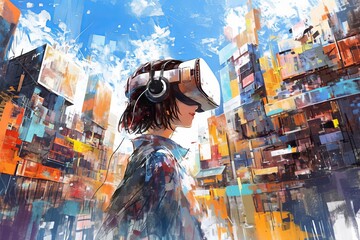 Watercolor painting of an individual in VR headset wandering through a bustling, color-splashed urban landscape.