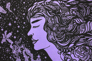 Disegno grafico bella donna sognante con occhi chiusi stelle cosmo pensieri positivi