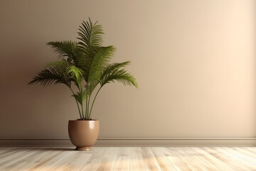 A blank beige brown wall with a green tropical tree inside a vase - obrazy, fototapety, plakaty