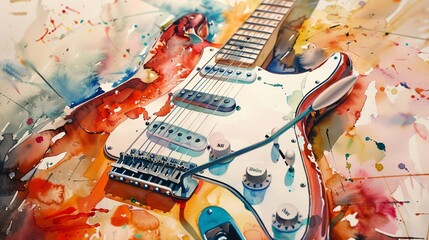 Guitars and instruments painted in watercolor, their melodies visualized on a canvas of soft pastels. - obrazy, fototapety, plakaty