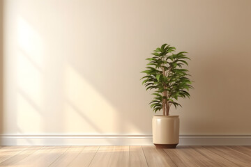 Fototapeta na wymiar A blank beige brown wall with a green tropical tree inside a vase