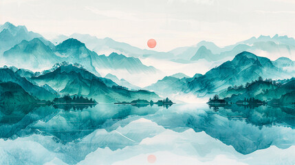 Majestic mountain range with lake in foreground. Japanese art.