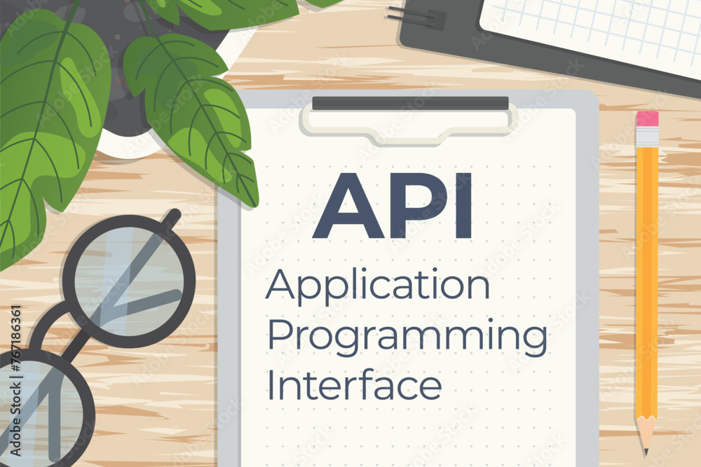 Poster api application programming interface written on a clip board on wooden desk- vector illustration