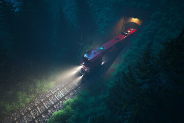 Aerial Shot: Red Cargo Train Exiting a Tunnel into a Mysterious Forest at Night