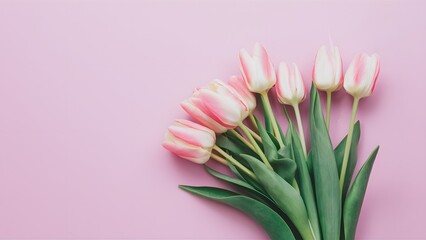 Lovely pastel pink tulips bunch on light background, top view - Powered by Adobe