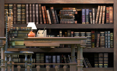 Library interior with stack of old books and wooden desk. 3D render illustration.