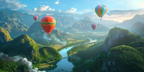 Fototapeta premium hot air balloon flying over the mountains