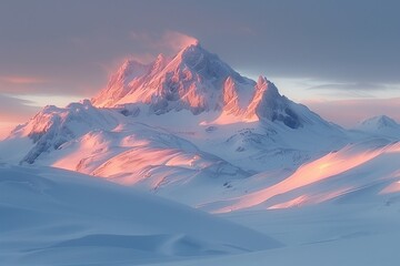 Snow-covered mountain peak at sunrise - obrazy, fototapety, plakaty