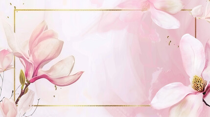 Pink, watercolor background with gold frame and flowers in the corners
