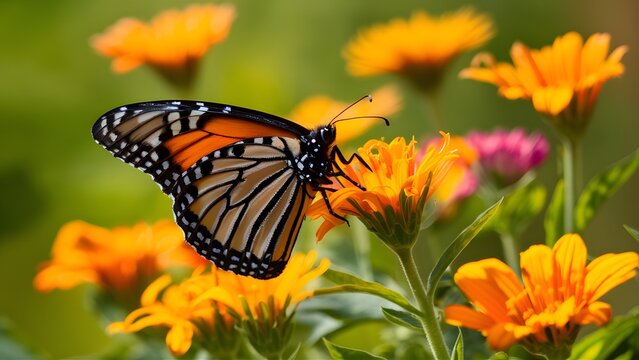 Macro artistic image of monarch butterfly with bright summer flowers