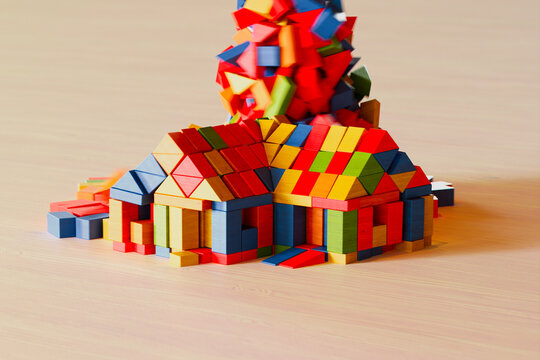 Engaging Scene of Colorful Wooden Blocks Constructed into House and Tower