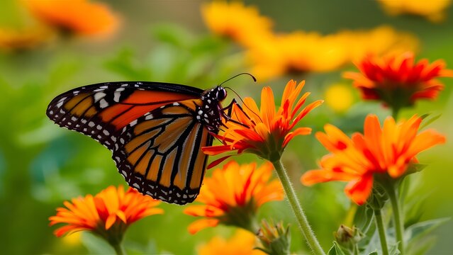 Macro artistic image of monarch butterfly with bright summer flowers
