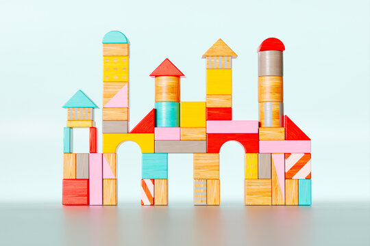 Vibrant Geometric Wooden Blocks Tower: A Creative Construction Play